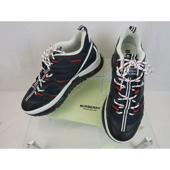 NIB BURBERRY UNION NAVY LEATHER MESH RED LOGO LOW TOP SNEAKERS 8 US 41 ITALY - Picture 8 of 12